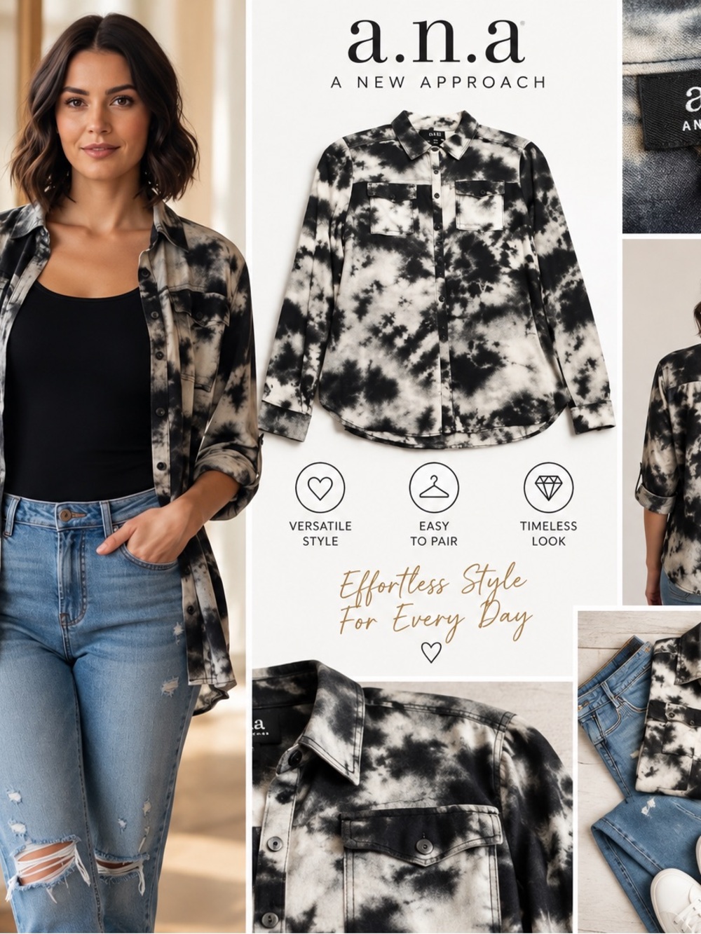 a.n.a Black & White Tie-Dye Button-Down Shirt
